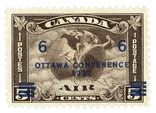 「OTTAWA CONFERENCE 1932」の文字が刷り加えられたカナダの航空郵便切手
