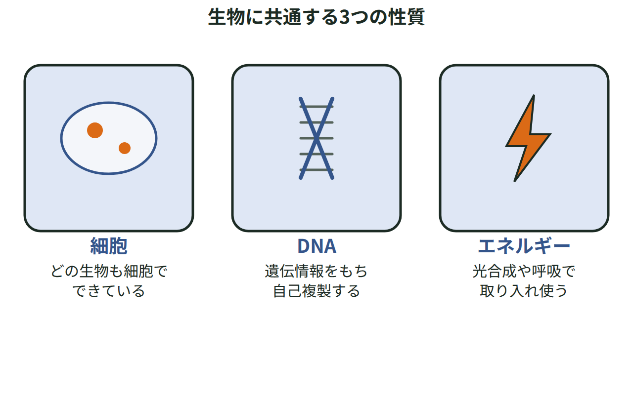 細胞でできている・DNAをもつ・エネルギーを使うという3つの共通する性質を、アイコンと短い説明で並べた図