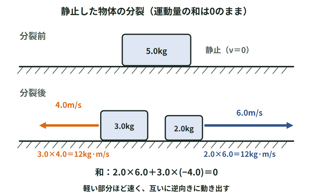 静止した5.0kgの物体が2.0kgと3.0kgに分かれ、逆向きの運動量12kg·m/sどうしが打ち消し合う様子の図