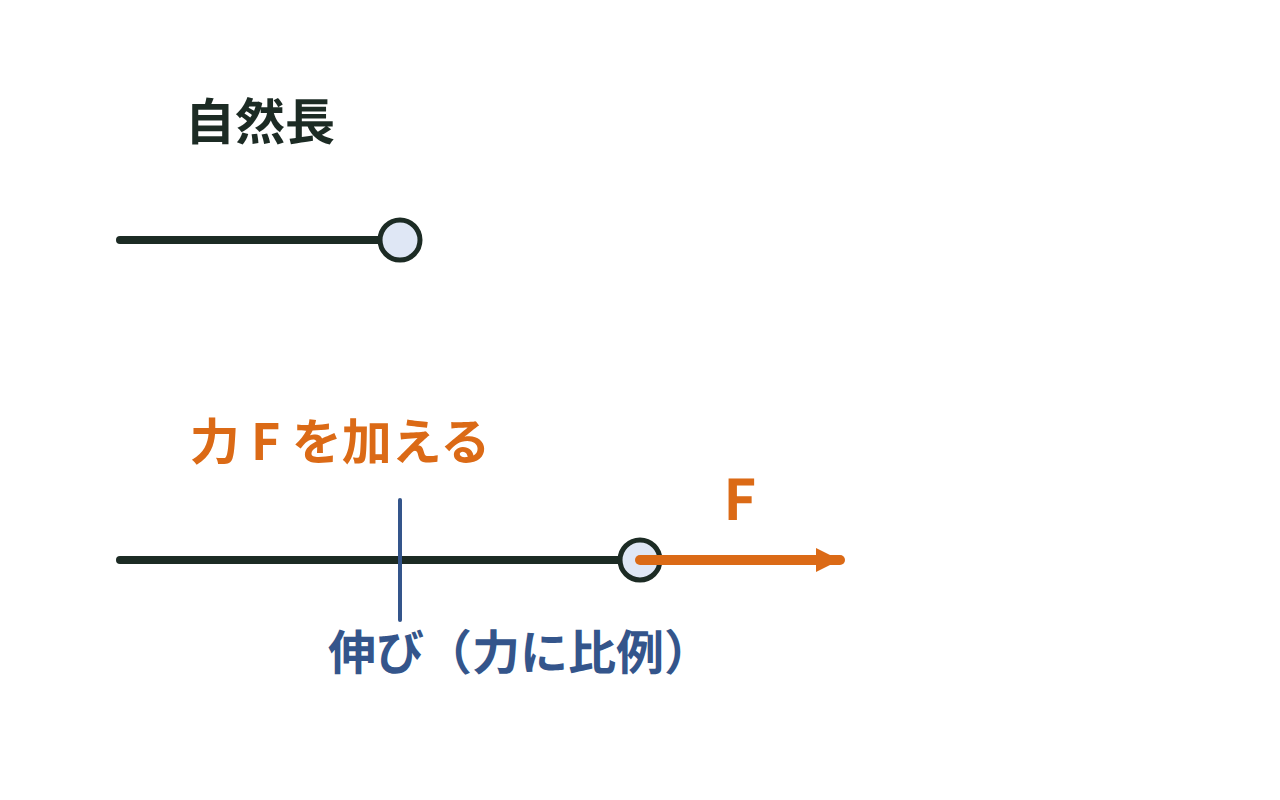 自然長のばねと、力を加えて伸びたばねを並べ、伸びは力に比例すると示した図