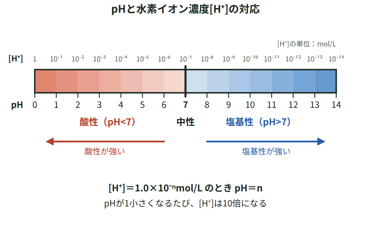 pHの値0から14までと、対応する水素イオン濃度の桁、酸性・中性・塩基性の範囲を示した数直線の図