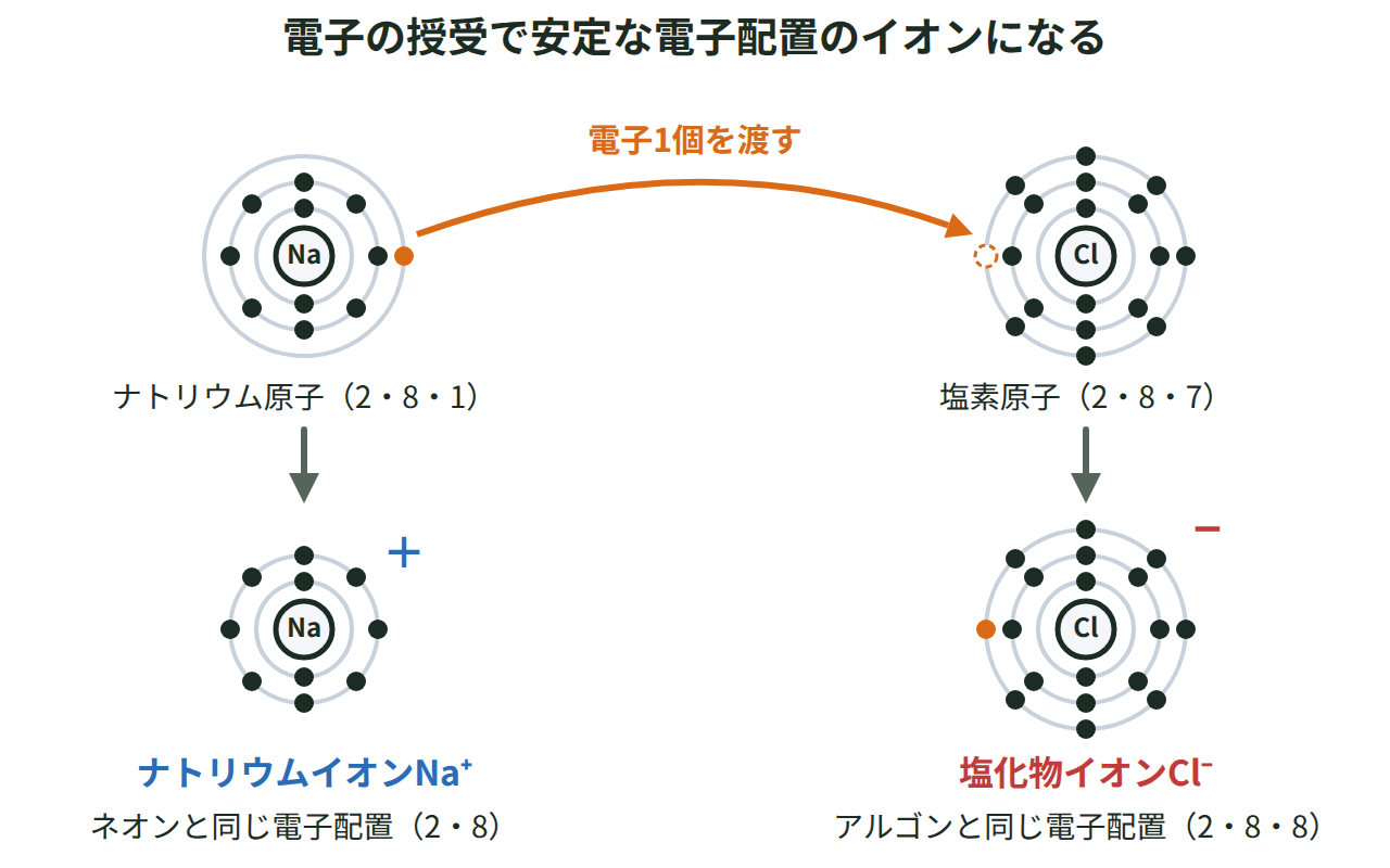 ナトリウム原子が電子を1個失ってナトリウムイオンになり、塩素原子が電子を1個受け取って塩化物イオンになる様子を、貴ガスと同じ電子配置になることとあわせて示した図