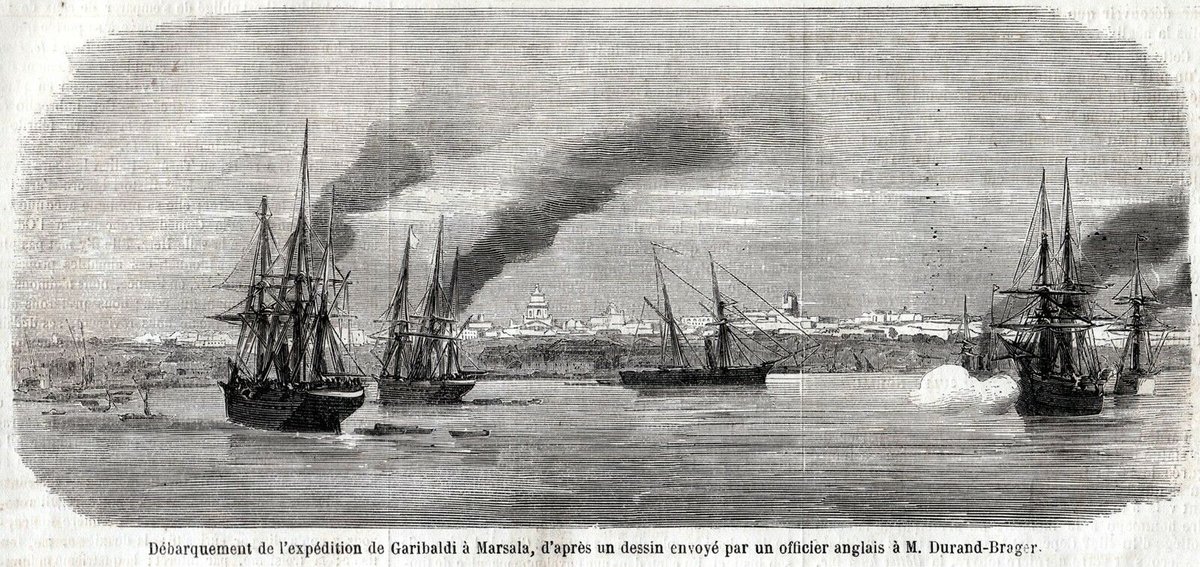 千人隊が上陸したマルサラの港の沖に、帆船や煙を吐く汽船が並ぶ版画