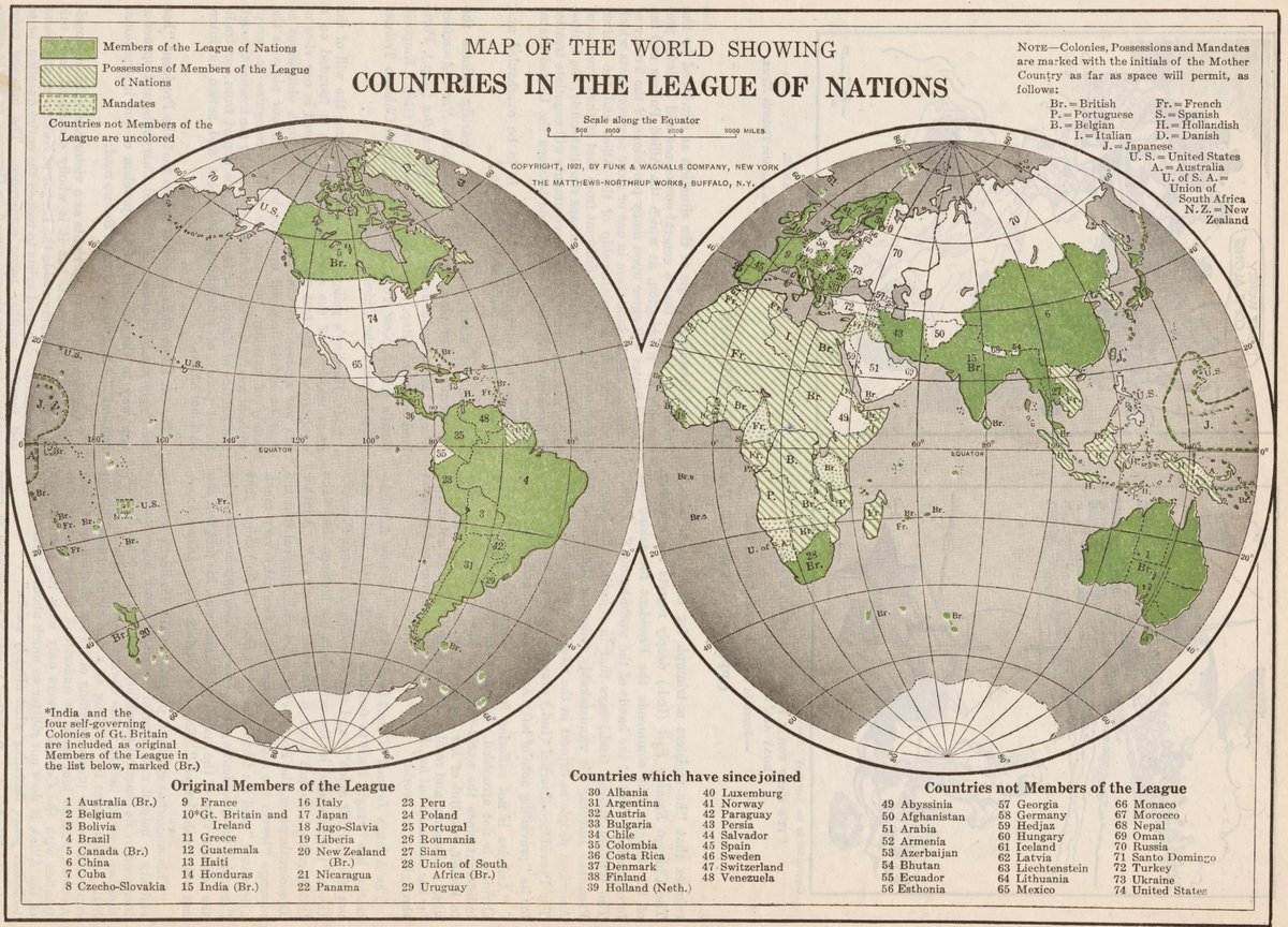 1921年の国際連盟の加盟国を緑色に塗り分けた世界地図。アメリカは色がついていない