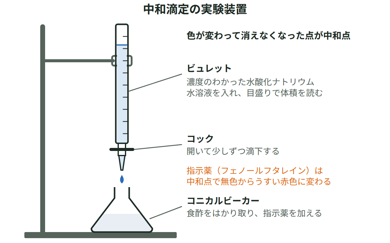 スタンドに固定したビュレットから、指示薬を加えた食酢の入ったコニカルビーカーへ水酸化ナトリウム水溶液を滴下する装置の図