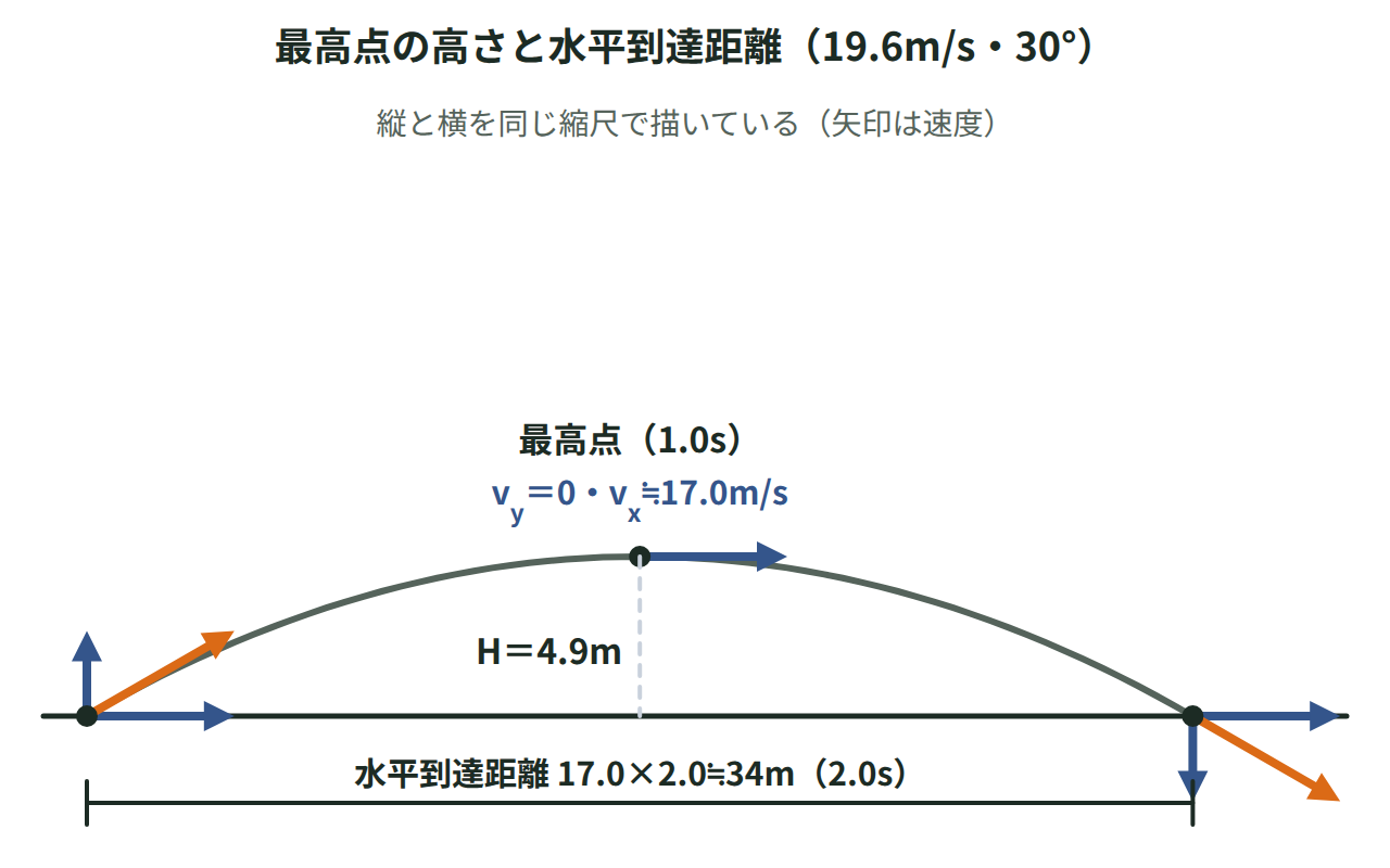 30°に投げた球の放物線で、最高点の高さ4.9mと水平到達距離約34m、各点の速度の矢印を示した図