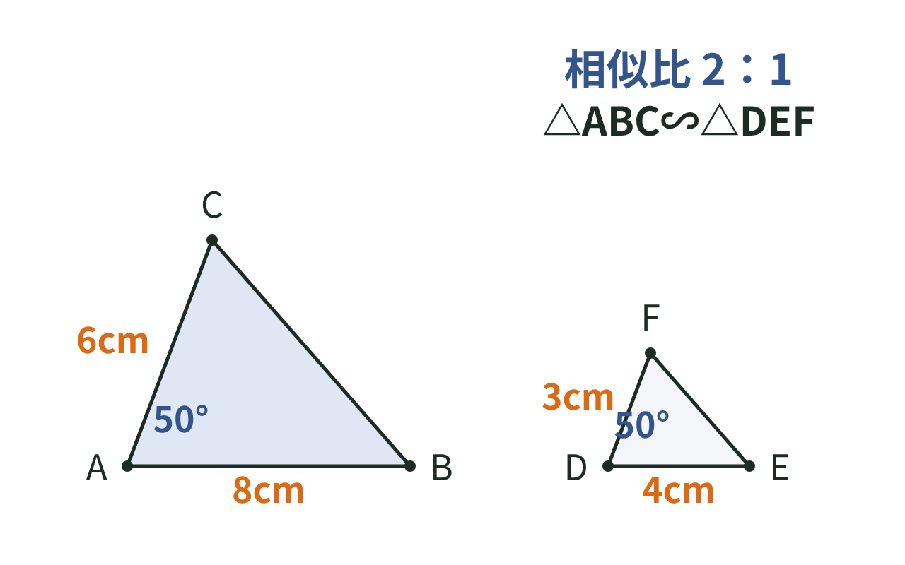AB8cm・AC6cm・角A50度の三角形ABCと、DE4cm・DF3cm・角D50度の三角形DEFが相似になることを示す図