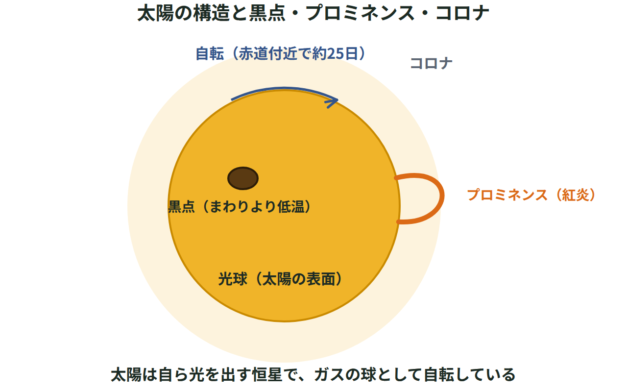 太陽の光球に黒点とプロミネンスをかき、まわりを薄く囲むコロナと自転の向きを示した図