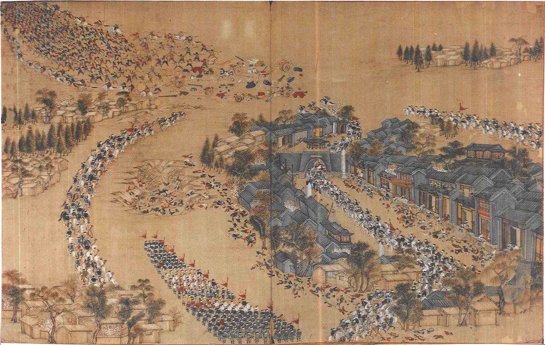 王家口の町の周りで、退却する太平軍を清の軍が待ち伏せして攻める場面を描いた絵