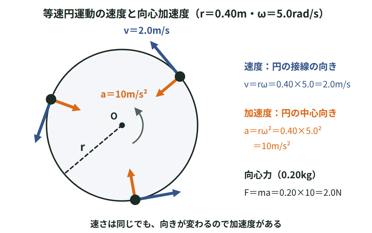 半径0.40mの円周上を回る小球の速度2.0m/sが接線方向を向き、向心加速度10m/s²がどの位置でも円の中心を向くことを示した図